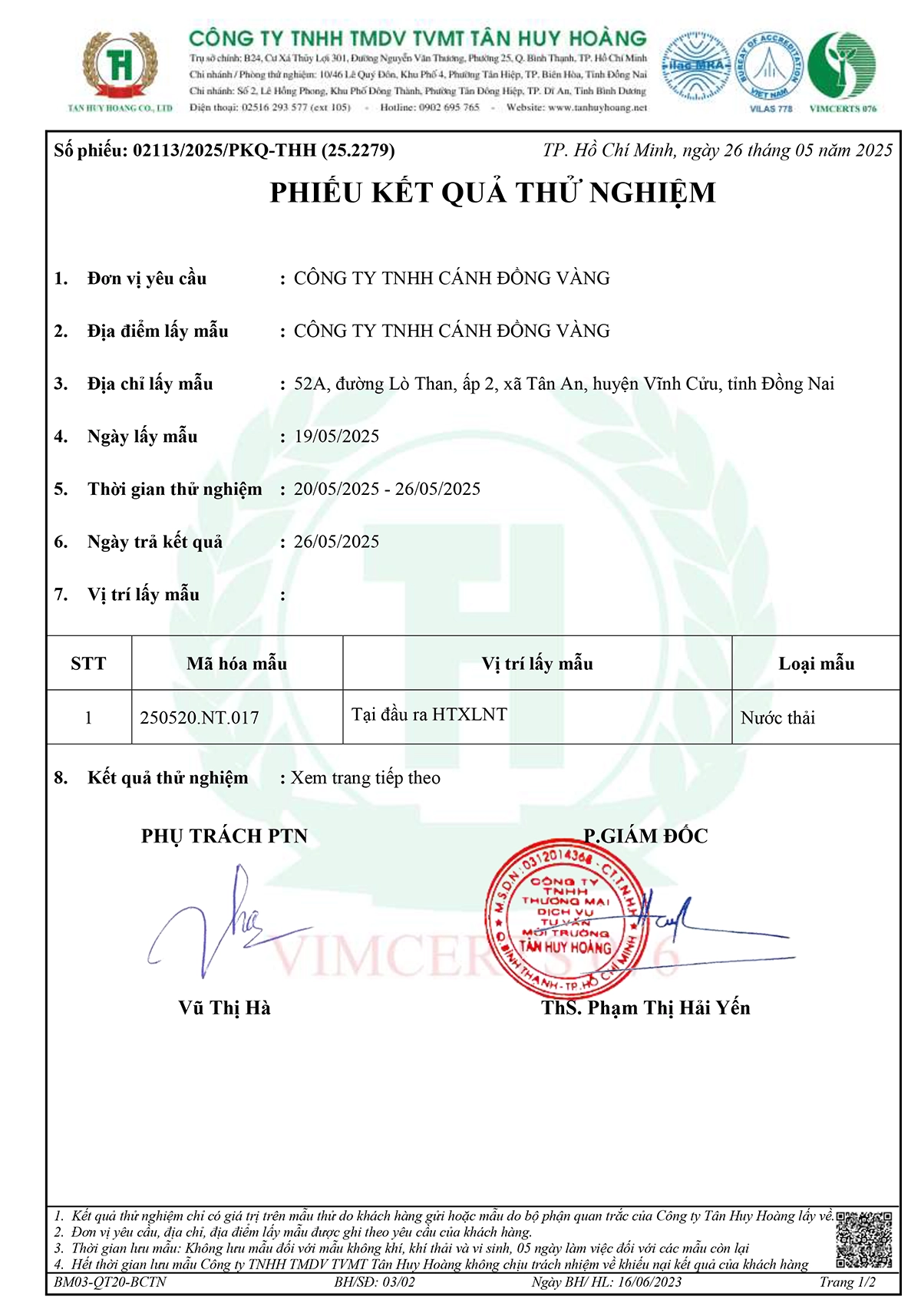 [Golden Farm] Phiếu kết quả thử nghiệm nước thải 05.2025