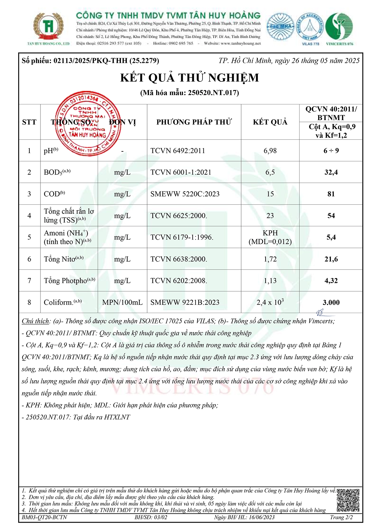 [Golden Farm] Phiếu kết quả thử nghiệm nước thải 05.2025