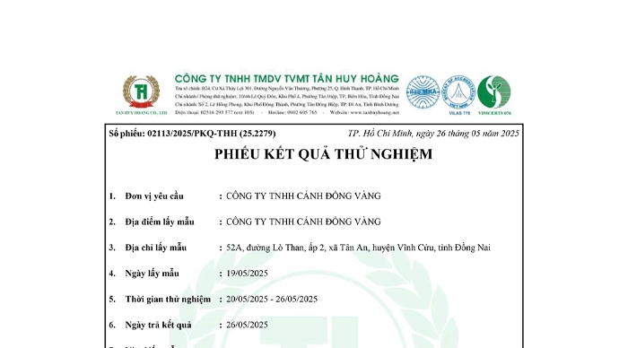 KẾT QUẢ THỬ NGHIỆM NƯỚC THẢI 2025